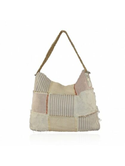 Stylische Damen Kunstledertasche mit Schultergurt – Textiles Patchwork Design in Beige