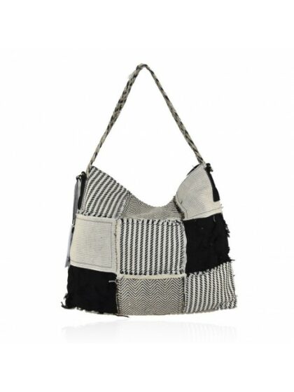 Stylische schwarze Kunstledertasche für Damen mit Textil-Patchwork und Schulterriemen