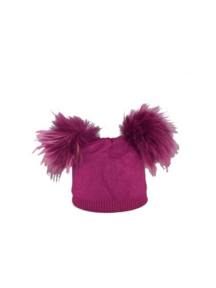 Stoff Accessoires: Damen Viskose & Kaschmir Hut mit doppeltem Pompon in Fuchsia