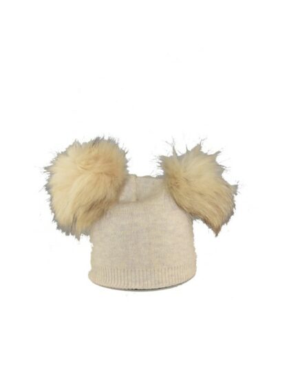 Stylischer Stoff-Accessoire: Damen Viskose & Kaschmir Hut mit doppeltem Pompon in Beige