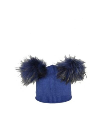 Modische Damen Mütze aus Viskose & Kaschmir mit doppeltem Pompon in Blau - Accessoires aus Stoff