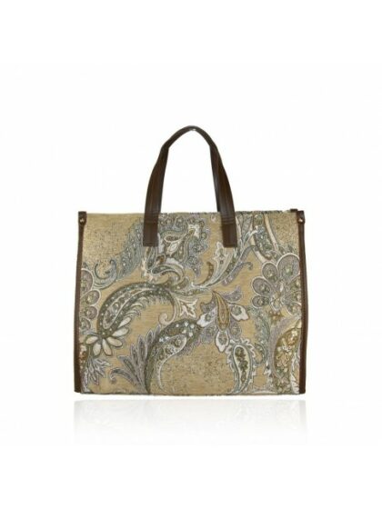 Modische Kunstledertasche mit ethnisch inspiriertem Textilmuster und Schultergurt - Beige