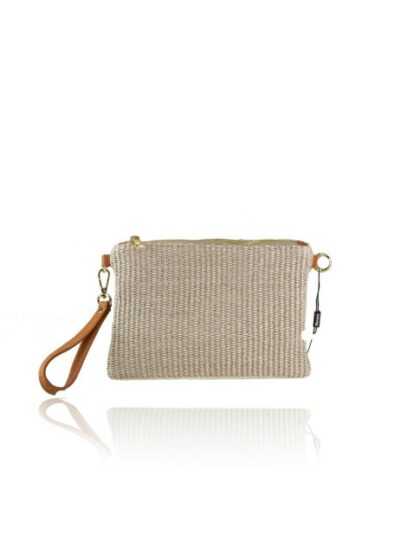 Stylische Leder Kuriertasche - Damen Raffia & Leder Schultertasche mit Schulterriemen in Taupe