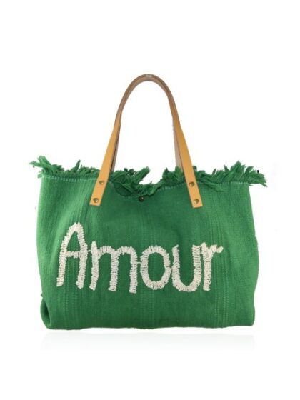 Stylische grüne Umhängetasche aus Stoff mit Stickerei 'Amour' - Perfekt für den urbanen Look!