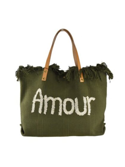 Stylische Umhängetasche aus Stoff mit Stickerei 'Amour' in Military Green