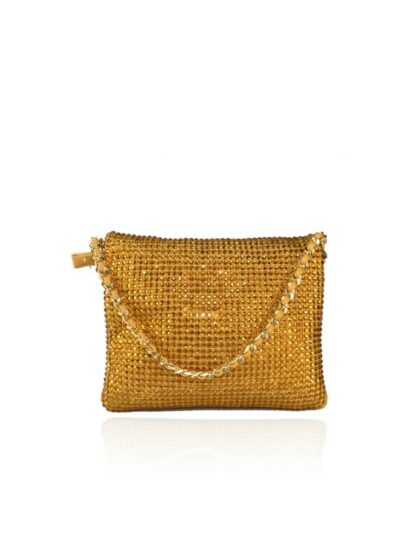 Modische goldene Kunstleder Clutch Unterarmtasche mit Strassbesatz und abnehmbarem Ketten-Schulterriemen