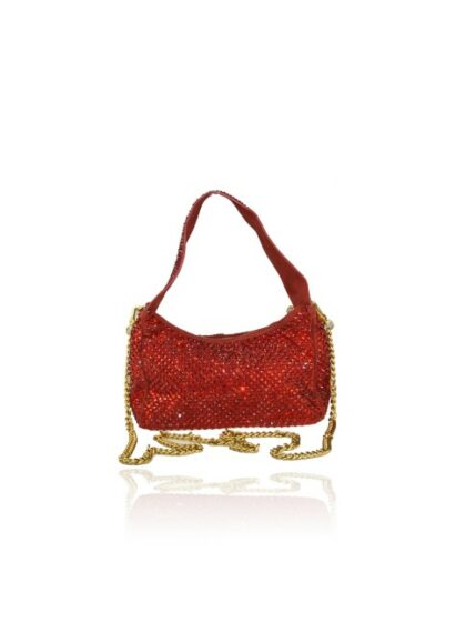 Rote Kunstleder Clutch Unterarmtasche mit Strass und Schulterkette