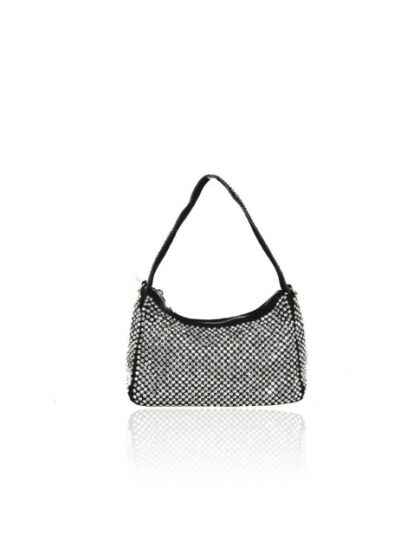 Schwarze Kunstleder-Clutch Unterarmtasche mit Strass und Schulterkette