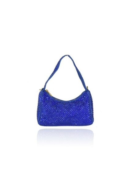 Stilvolle blaue Kunstleder Clutch Unterarmtasche mit Strass verziertem Schulterriemen