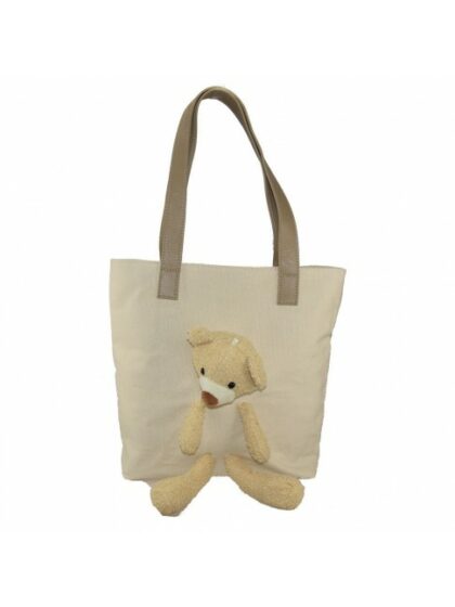 Elegante Ledertasche in Taupe mit Textilmuster und niedlichem Teddybären-Motiv