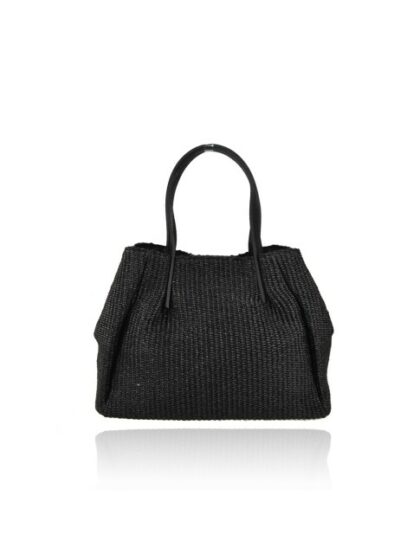 Stylishe schwarze Stoffhandtasche für Damen mit Schultergurt aus Raffia und Leder