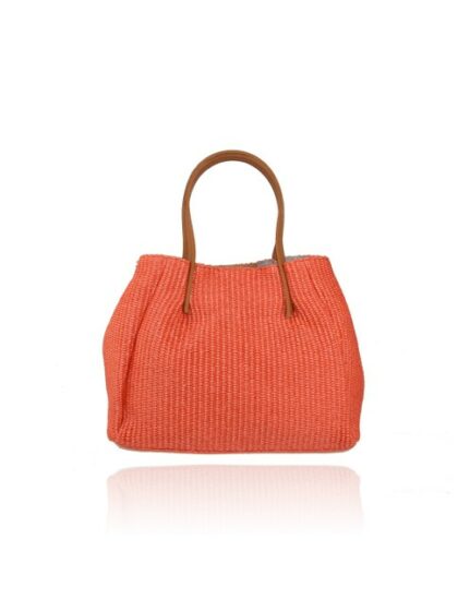 Stilvolle Damen Stoffhandtasche in Orange/Koralle - Raffia und Leder