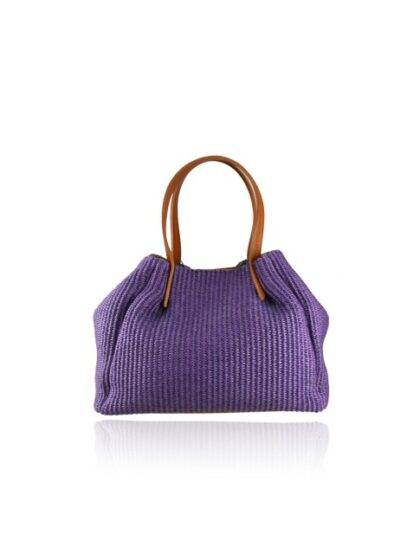 Stilvolle violette Stoffhandtasche für Damen aus Raffia und Leder mit Schultergurt