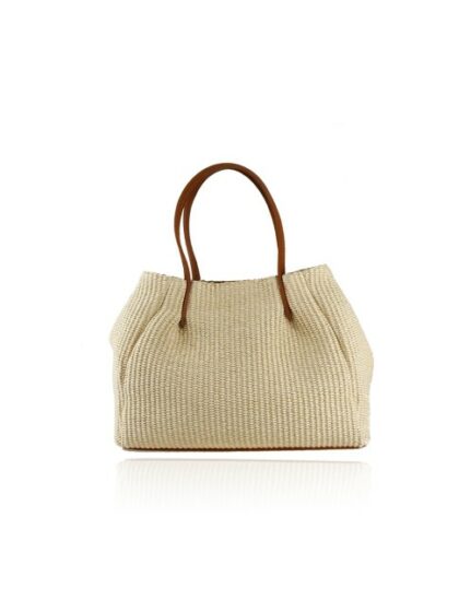 Stylische Stoffhandtasche in Beige mit Schulterriemen - Woman Rafia & Leder Tasche