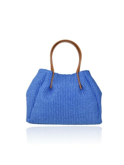 Stylische blaue Stoffhandtasche mit Schultergurt - Woman Raffia & Leder Tasche