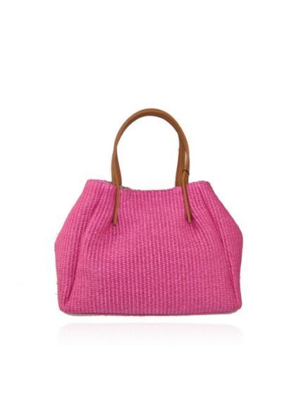 Modische Stoffhandtasche in Fuchsie mit Schulterriemen - Woman Raffia & Leder Tasche