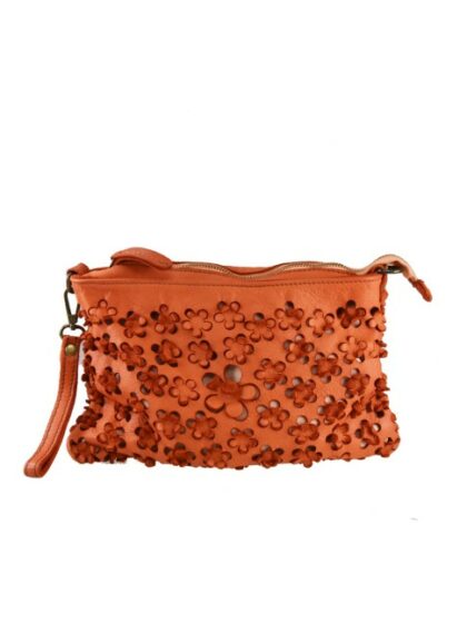 Stylische Vintage Clutch Unterarmtasche aus Leder in Orange/Koralle - Washed Leather Pochette mit authentischem Vintage-Effekt