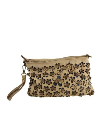 Vintage Clutch Unterarmtasche aus Leder in Taupe - Stilvoller washed leather Pochette mit Vintage-Effekt