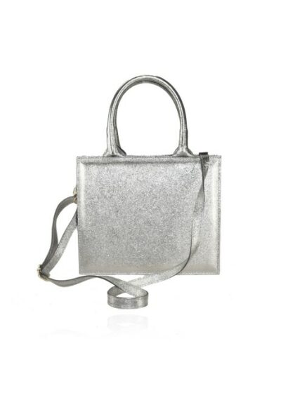 Stylische Lederhandtasche mit Schulterriemen in Silber - Metallook