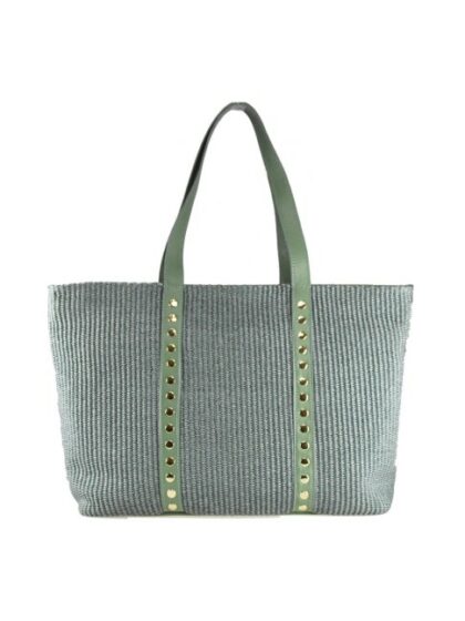 Stylische Damen Stoffhandtasche in Mint mit Schultergurt - Woman Rafia & Leder Tasche