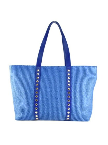 Modische Handtasche aus Stoff | Woman Raffia & Leder Tasche mit Schulterriemen | Royal Blau