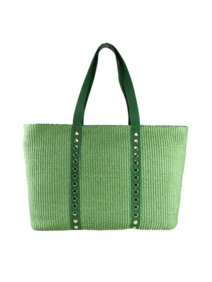 Modische grüne Stoffhandtasche mit Schultergurt aus Raffia und Leder für Damen