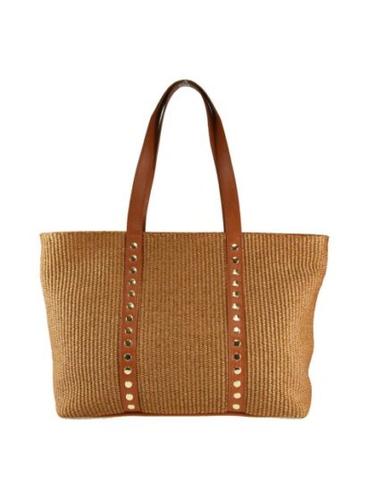 Stilvolle braune Stoff-Handtasche mit Raffia- und Lederdetails und Schulterriemen