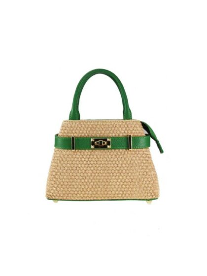 Elegante grüne Lederhandtasche mit Schulterriemen aus Leder & Raffia