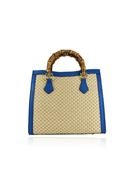 Stylische Lederhandtasche mit Schultergurt - Royal Blau - aus echtem Leder und Rafia